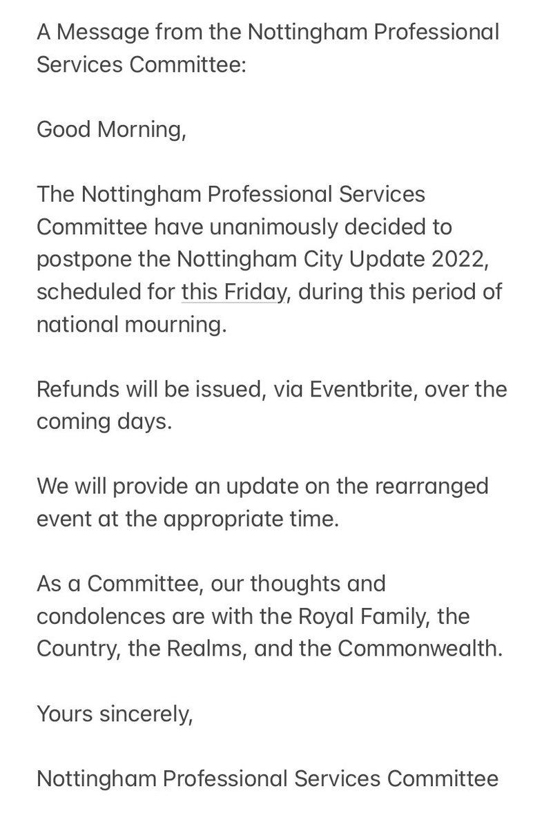 Message from the committee regarding our Nottingham City Update which was due to take place on Friday and has been postponed. 
The event was due to take place in a civic location with leaders from the council executive. New date to be announced in due course. #Nottingham