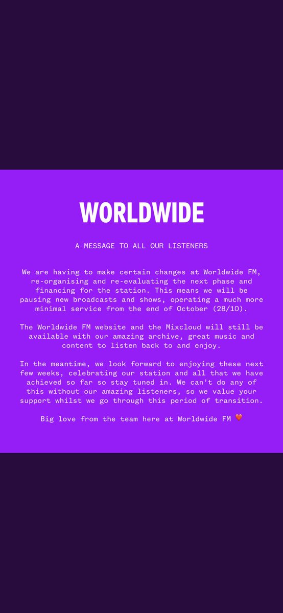 crazypmusic's tweet photo. @worldwidefm  @gillespeterson very sad news. We’ve been honoured to have had a regular show. we’ve thoroughly enjoyed having the opportunity to share the music that means something to us with the loyal listeners. We keep everything crossed that the station comes back stronger https://t.co/aoeNAc9IpI