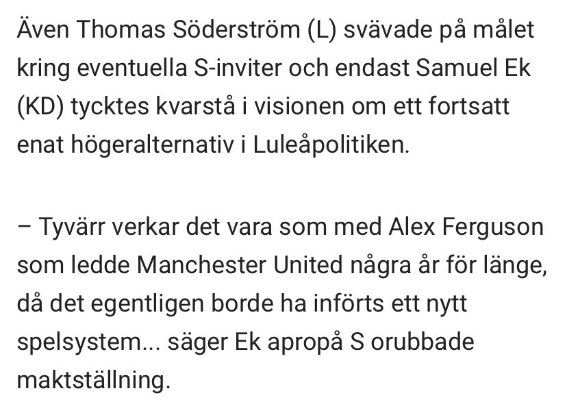 Gillar ju när politiker drar till med sportreferenser, särskilt om Manchester United. Men här kan jag nog känna att det inte blev klockrent. Sir Alex vann PL sitt sista år, vilket inte upprepats efter det. Missade aldrig topp 3, men efter honom har det bommats 6 av 9 säsonger.