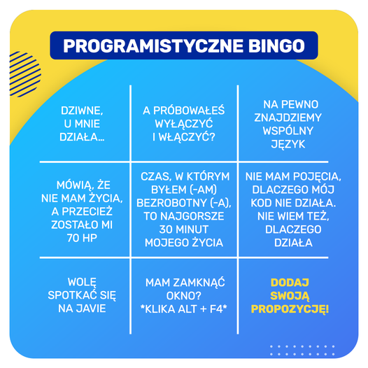 Komputronik_pl's tweet image. Dziś #DzieńProgramisty⌨️! Macie jakieś fajne kultowe teksty 😁, które wpisałyby się w nasze programistyczne bingo? ⤵️
#komputronik #zLuzem