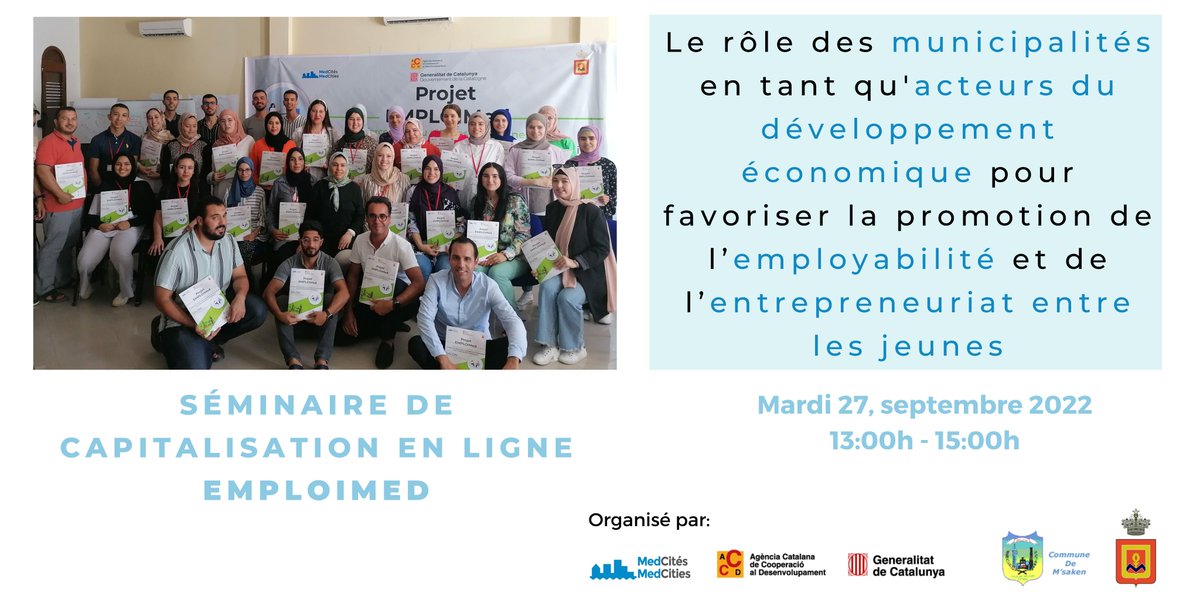 MedCities's tweet photo. 📣Dans le cadre du projet #EMPLOIMed, nous vous invitons à découvrir les expériences d'#MSaken et @BaladiaChaouen autour du développement économique pour favoriser la promotion de l’employabilité et de l’entrepreneuriat entre les #jeunes. Inscrivez-vous 👉🏾https://t.co/4cWgRSYeSF https://t.co/eHqdN5CWF6