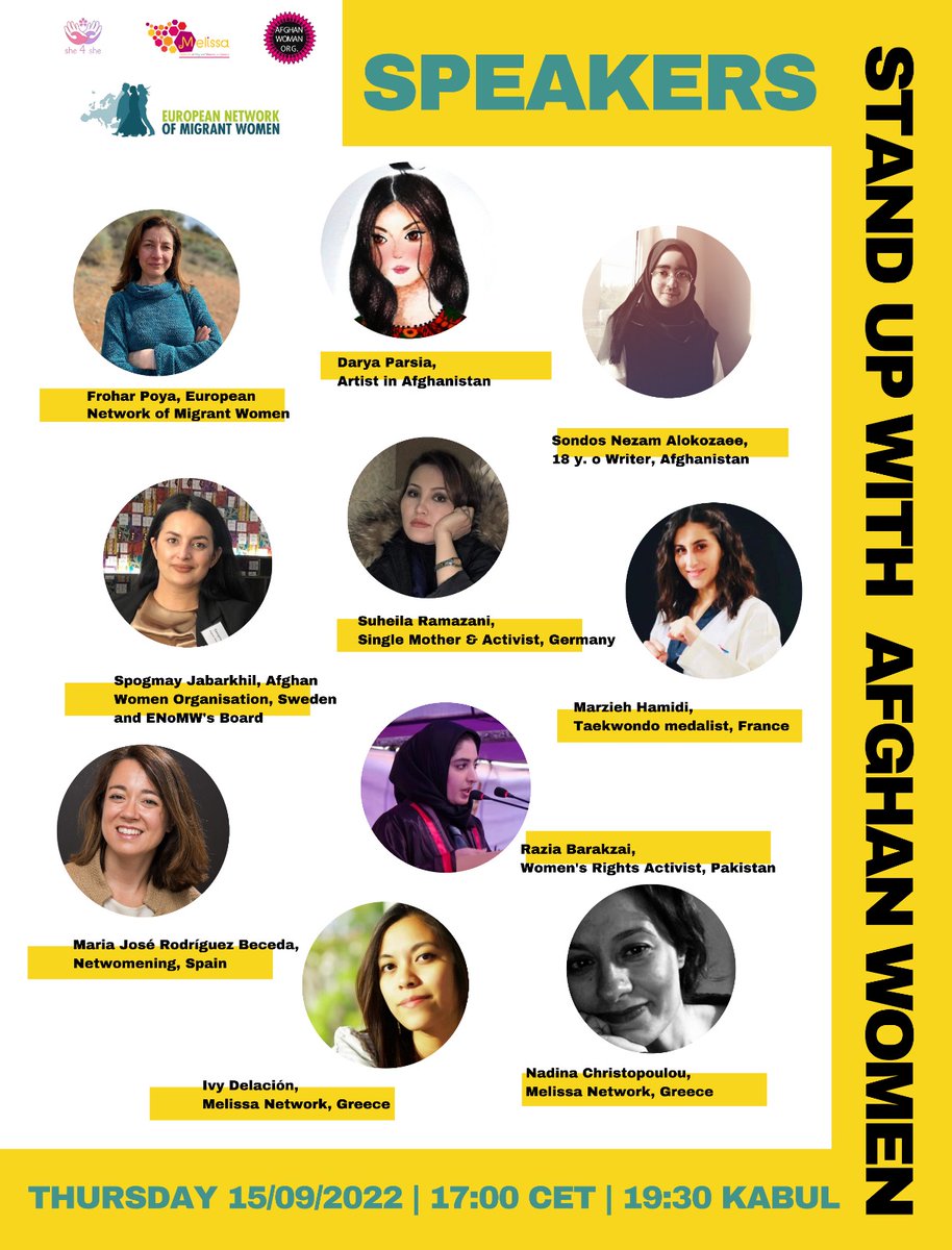 ENoMW's tweet photo. Meet the speakers of the #StandUpwithAfghanWomen event International Solidarity event III, Afghan female activists as well as women leading organisations who have been supporting them inside and outside of Afghanistan. REGISTER ON https://t.co/k1ddFBK5GP #Afghanistan ❗️ https://t.co/gj1f4GAxOc