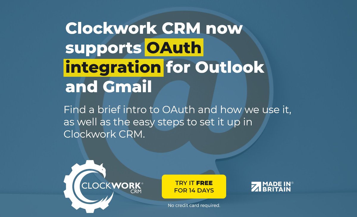 ClockworkCRM's tweet photo. 📧 We've added OAuth integration into Clockwork CRM, meaning adding an Outlook or Gmail account just got easier! 💪
📖 Read more here: https://t.co/7E3ZB0OFIj
#oauth2 #outlook #gmail #crm #crmsoftware #crmupdate #softwaredevelopment #software #clockworkcrm #mythicsoftware https://t.co/3KVfmoiyhO