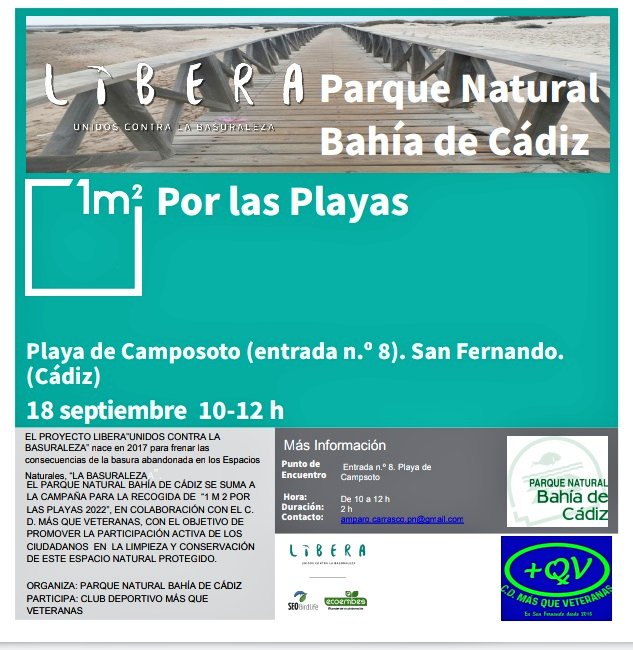 El próximo domingo volvemos a colaborar con el Parque Natural Bahía de Cádiz en una limpieza medioambiental, enmarcada dentro del programa #libera <a href="/SEO_BirdLife/">SEO/BirdLife</a> <a href="/ecoembes/">Ecoembes</a> 
🗓️18 septiembre
📍 Entrada 8 playa #Camoposto #SanFernando
🕙 10:00 - 12:00