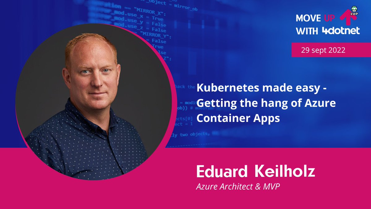 Hoe werkt Azure Container Apps (ACA)? Hoe bouw je een app met ACA? En hoe gebruik je slimme technieken om jouw containers te laten samenwerken en schalen? Dit vertelt @ed_dotnet op 29 september tijdens Move Up with 4Dotnet. Schrijf je nu in via bit.ly/3Dlt6V0 #ACA #Azure