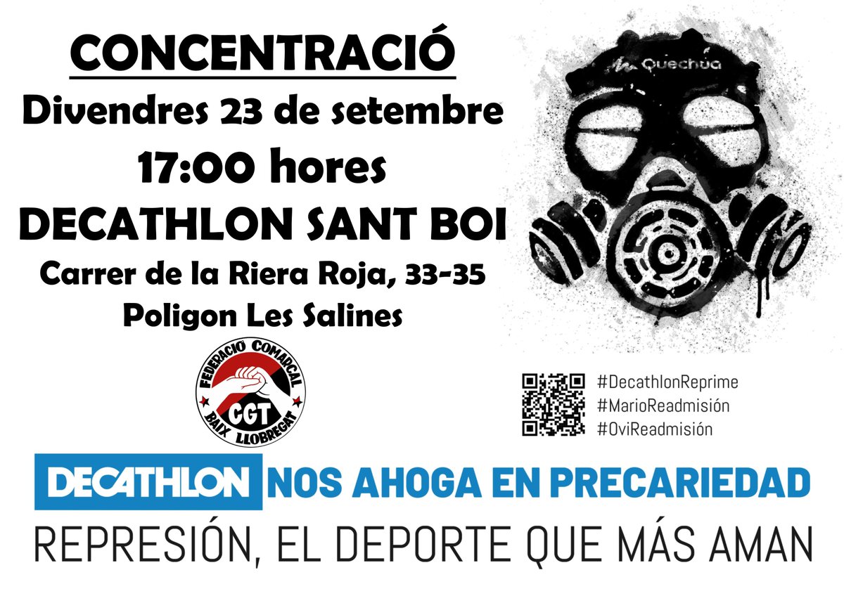 CGTBaixLlob's tweet photo. ⚠️CONCENTRACIÓ⚠️
📅 Divendres 23 de setembre 
🕙 17:00 hores
📍 Carrer de la Riera Roja, 33-35 (Pol. Les Salines)
🏠 @DecathlonES  Sant Boi https://t.co/WwWA5VXzFu