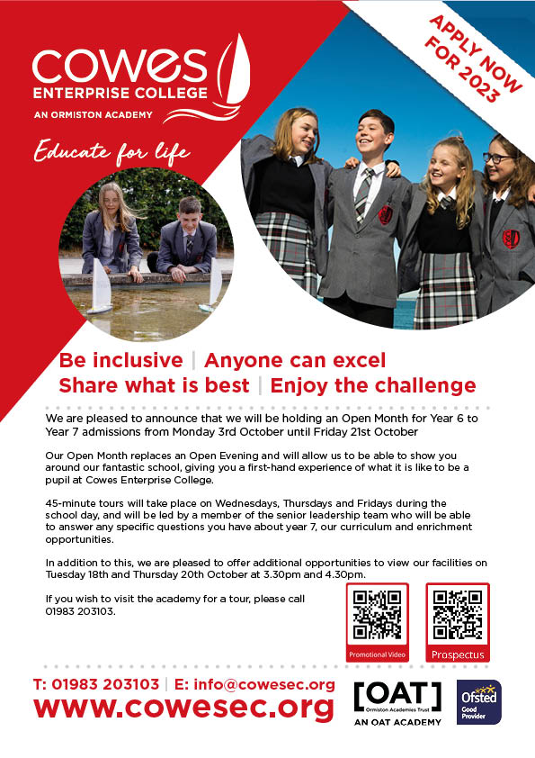 CowesEC's tweet photo. We are pleased to announce that we will be holding an Open Month for Year 6 to Year 7 admissions from Monday 3rd October until Friday 21st October.
If you wish to visit the academy for a tour, please call 01983 203103.
#Year6 #Year7Transition #SecondarySchool https://t.co/Z7i95vDP9W