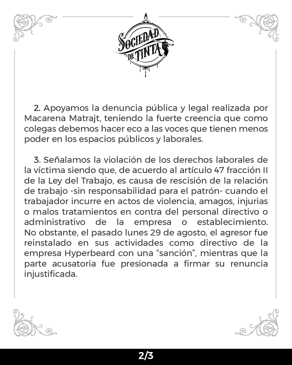 sociedaddetinta's tweet photo. En Sociedad de Tinta, queremos visibilizar las desigualdades y violencias de las cuales varias mujeres de nuestra industria han sido víctimas.
Queremos hacer un llamado a la comunidad para apoyar a una de nuestras colegas en su camino legal por obtener justicia.
#justiciaparamaca https://t.co/ZJjDUX1ruK