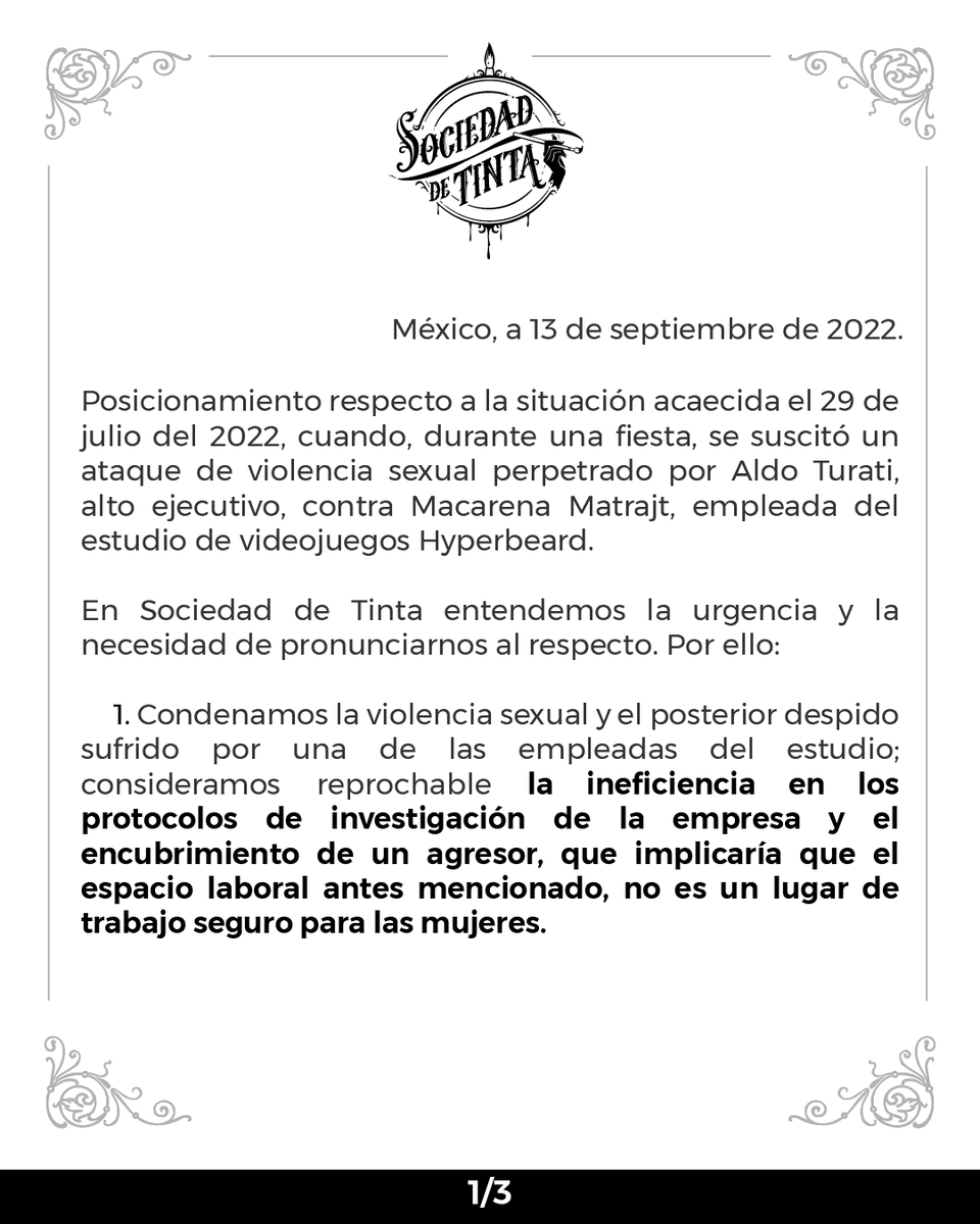 sociedaddetinta's tweet photo. En Sociedad de Tinta, queremos visibilizar las desigualdades y violencias de las cuales varias mujeres de nuestra industria han sido víctimas.
Queremos hacer un llamado a la comunidad para apoyar a una de nuestras colegas en su camino legal por obtener justicia.
#justiciaparamaca https://t.co/ZJjDUX1ruK