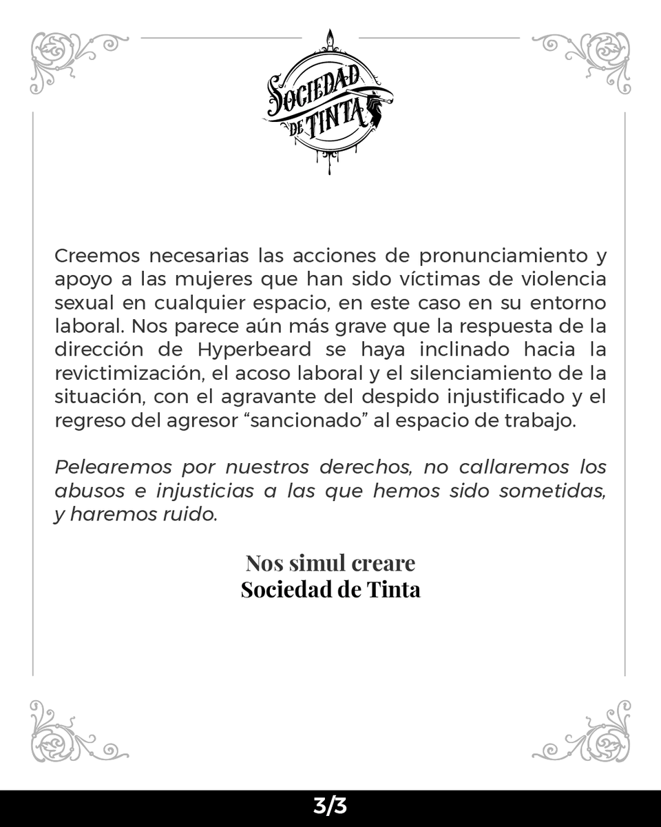 sociedaddetinta's tweet photo. En Sociedad de Tinta, queremos visibilizar las desigualdades y violencias de las cuales varias mujeres de nuestra industria han sido víctimas.
Queremos hacer un llamado a la comunidad para apoyar a una de nuestras colegas en su camino legal por obtener justicia.
#justiciaparamaca https://t.co/ZJjDUX1ruK