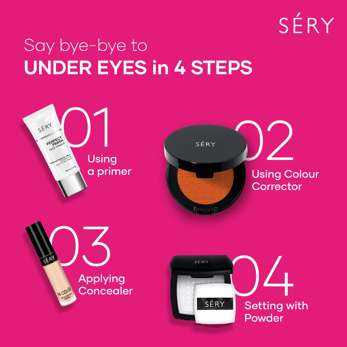 serycosmetics's tweet image. Late nights and early mornings.. a deadly combination.
But our primer, color corrector, concealer, and setting powder.. a glam combination.
Say bye-bye to those under eyes in these 4 Sery steps. Infused with natural skin-friendly ingredients.
Get yourself #Sery ready!
#getsetsery