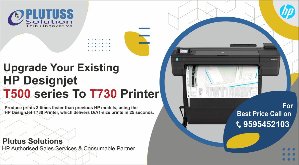 PlutusSolution's tweet image. Upgrade Your Existing HP Designjet  T500 series To T730 Printer.
Produce prints 3 times faster than previous HP models, using the 
HP DesignJet T730 Printer, which delivers D/A1-size prints in 25 seconds. For Best Price Call on 9595452103.
#HPPlotter #hpprinter
