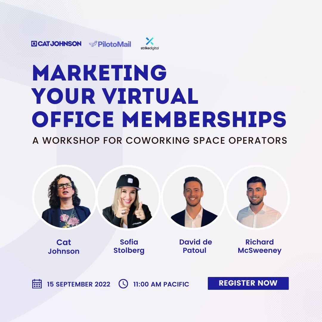 We're excited to partner with industry leaders and experts like @catjohnsonco and @strikedigital.ie to bring you a workshop on how to market your Virtual Office Memberships. Sign up here: eventbrite.com/e/workshop-mar…