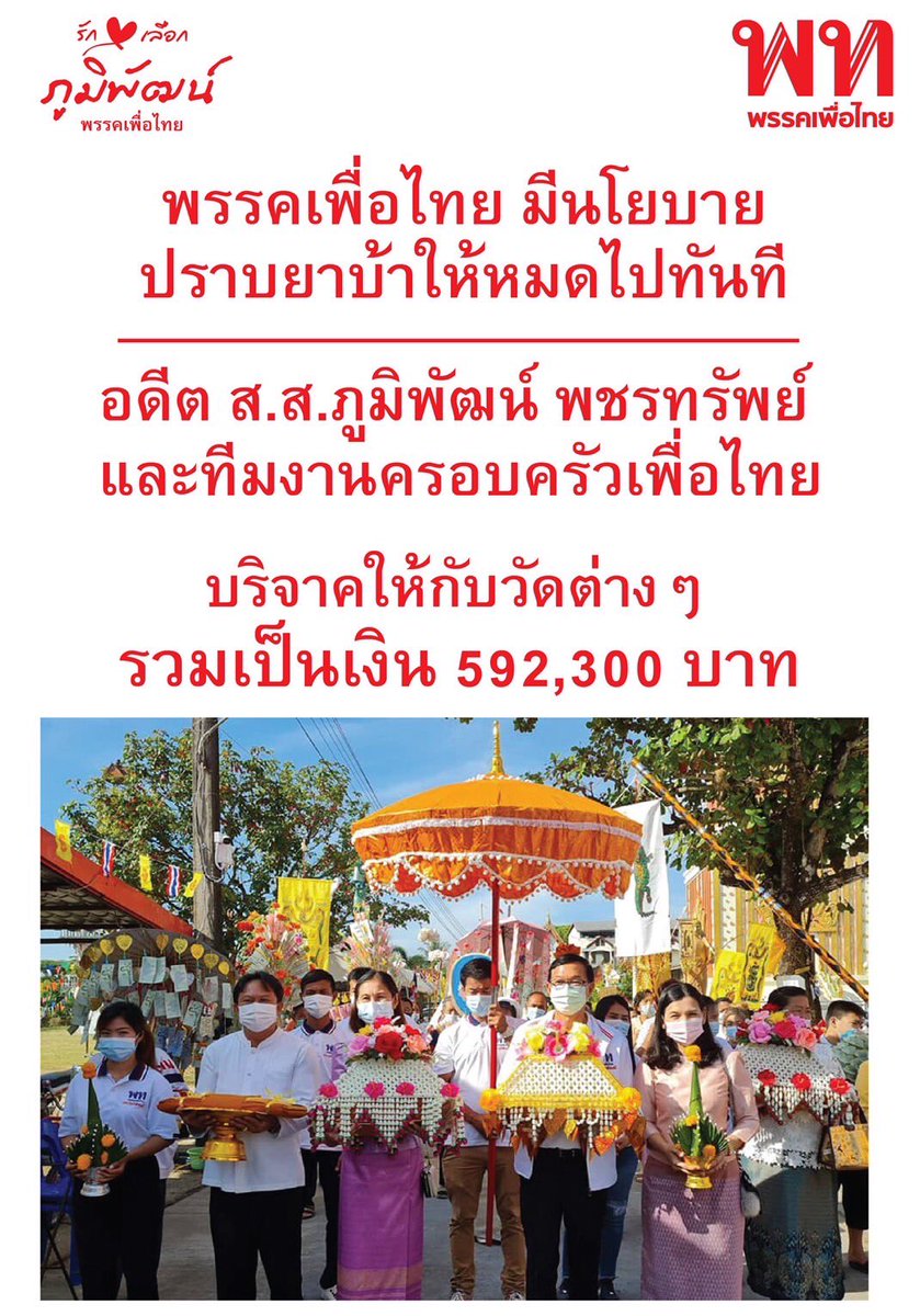 083607's tweet image. 🥇พรรคเพื่อไทย มีนโยบาย
♥️ปราบยาบ้าให้หมดไปทันที♥️

📌อดีต ส.ส.ภูมิพัฒน์ พชรทรัพย์ และทีมงานครอบครัวเพื่อไทย บริจาคให้กับวัดต่าง ๆ ในระยะเวลา 1 ปีกว่าที่ผ่านมารวมเป็นเงิน 592,300 บาท

🙏บริจาคเงินทำบุญสร้างเมรุ วัดป่าเทพชัยมงคล ต.หนองซน อ.นาทม 100,000 บาท

m.facebook.com/story.php?stor…