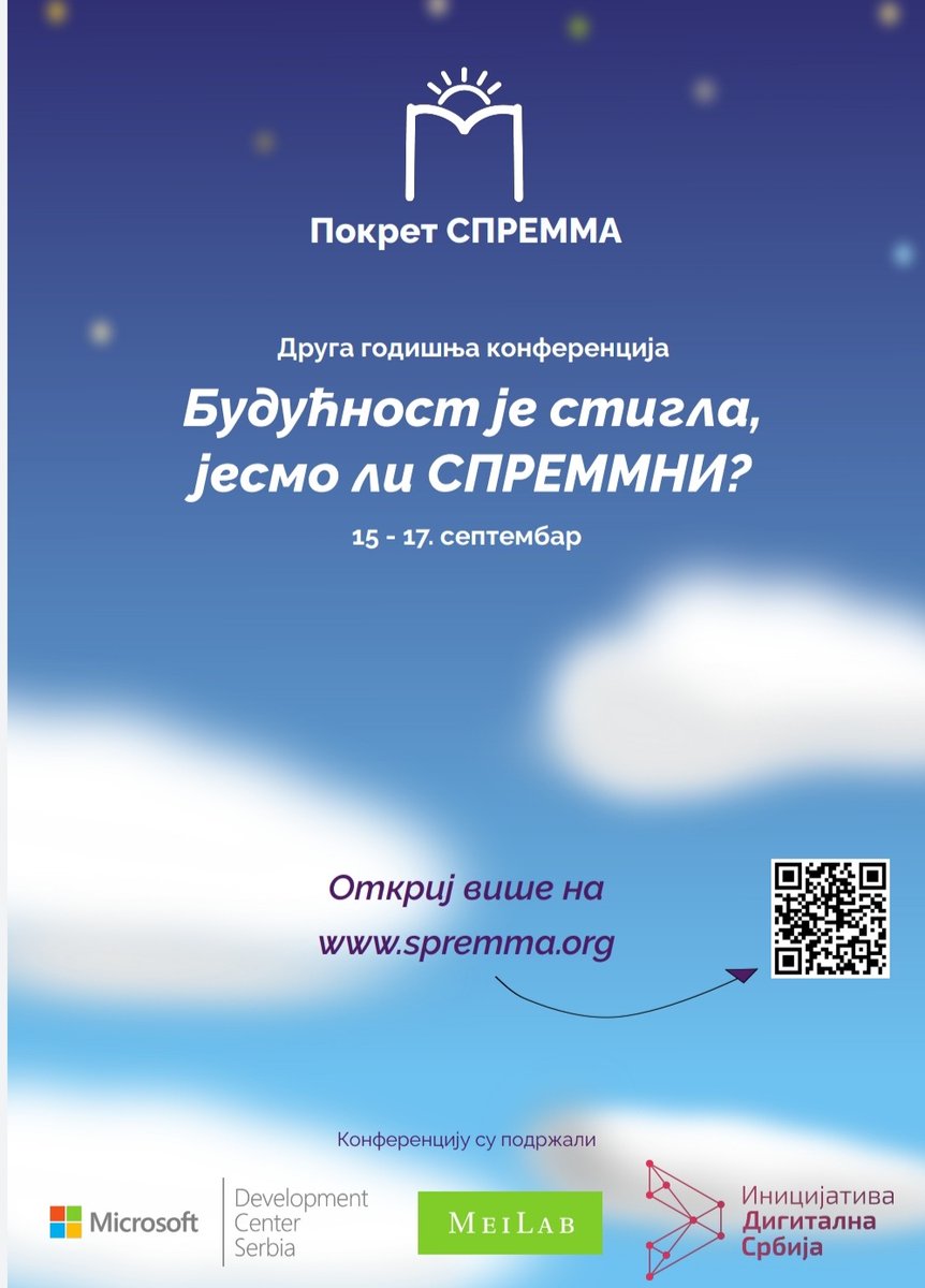 MokrinHouse's tweet photo. Budućnost je stigla, jesmo li spremmni?
Druga godišnja konferencija Pokreta SPREMMA za srednjoškolce i studente, 15-17. septembar

Prijavi se na https://t.co/NOnDBEgu01 https://t.co/GWWOHQ39bM