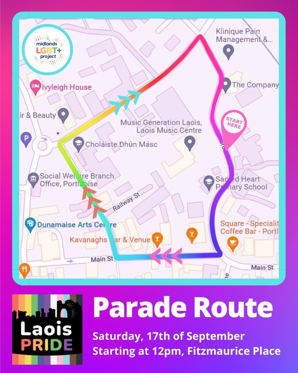 MidlandsIreland's tweet photo. ๐ณ๏ธโ๐Don't forget, it is this Saturday! The first ever Laois Pride. And here is the route it's taking at 12pm, Fitzmaurice Place, Portlaoise. Wear Colour!๐
#lgbt #laoispride #midlandslgbt https://t.co/dCVCeJhe1z