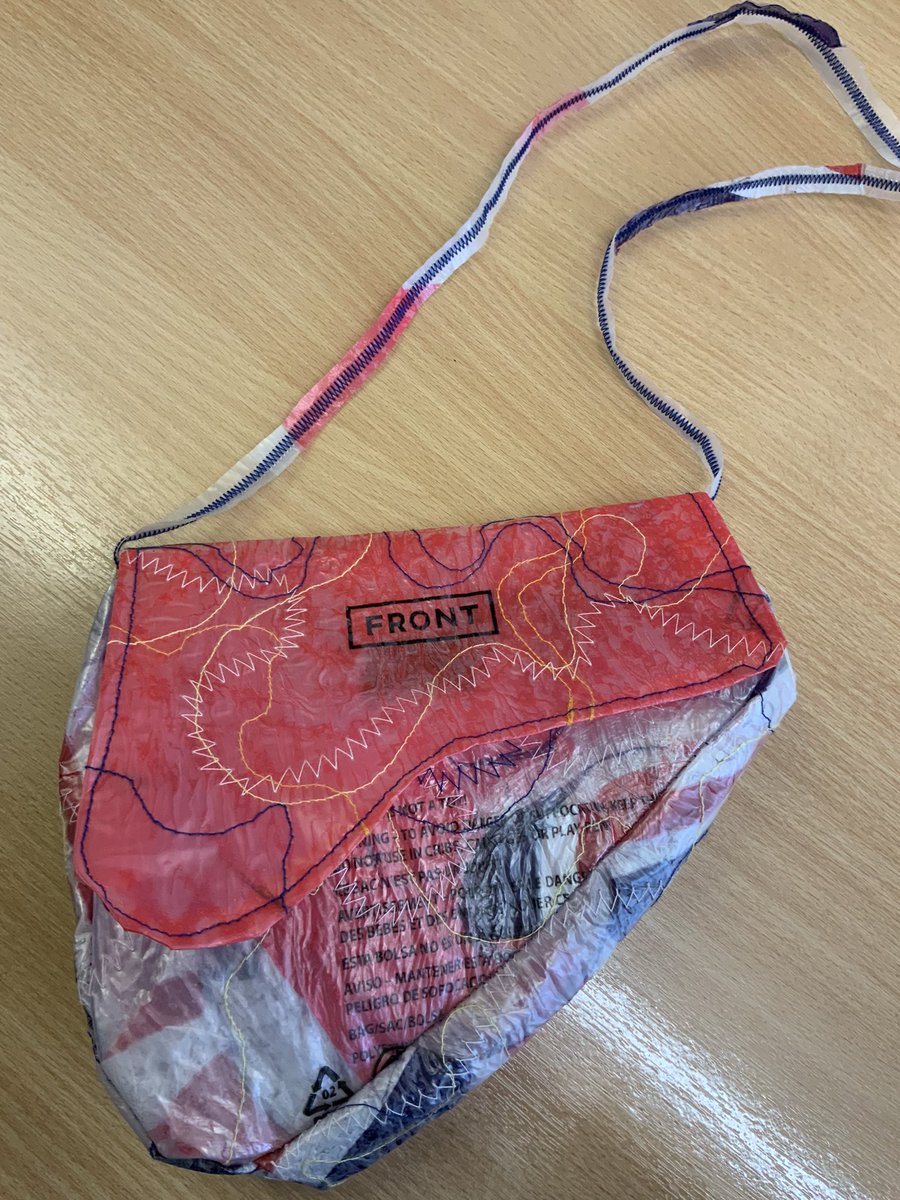 RHSBTechnology's tweet photo. When a student attends a Textile club last year and turns up with a summer project using the skills she learnt! A handbag out of recycled plastic bags, what a stunning design! #sustainablefashion #GirlsInSTEM @RoyalHighBath https://t.co/mb0hL0XYEp