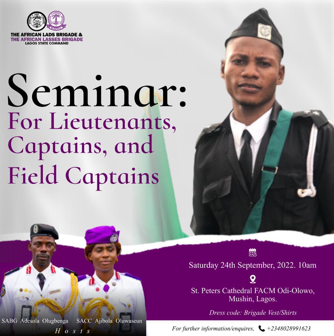 allb_lagos's tweet photo. THE PRESTIGIOUS LAGOS STATE COMMAND OF THE AFRICAN LADS AND LASSES  BRIGADE INTRODUCES ITS FORTHCOMING  SEMINAR FOR LIEUTENANTS, CAPTAINS, AND FIELD CAPTAINS

#allb
#allblsc 
#brigade 
#africanladsandlassesbrigade 
#seminar #explorepage #impact #leadership #opportunity #skills https://t.co/utQyNkgh6p