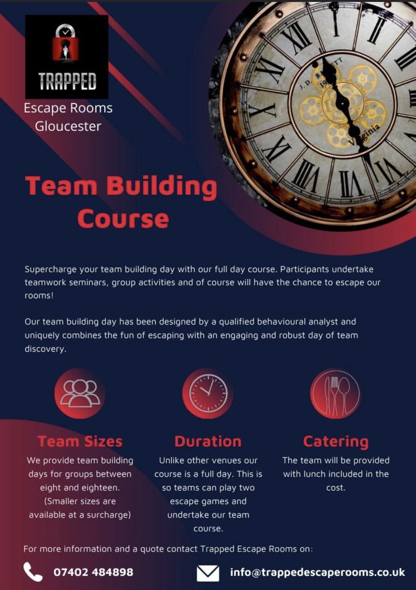 Full day corporate team building courses  9:30pm - 4:30pm ( lunch included )
More info at: www.trappedescaperooms/corporate