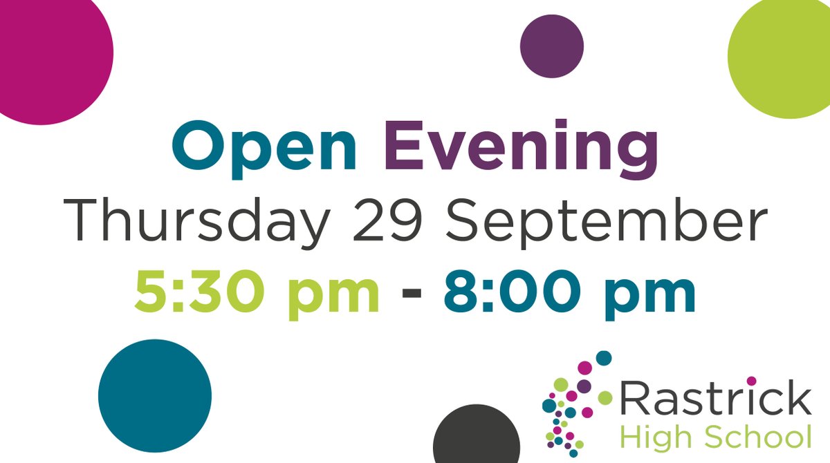 RastrickHigh's tweet photo. 📅SAVE THE DATE 📅

Our Open Evening is on Thursday 29 September.

⏰Doors open at 5:30pm 
💬Head of School talks at 5:45 &amp; 6:45pm 

No need to book and everybody is welcome. We look forward to seeing you then! https://t.co/Kx59bGHjuu