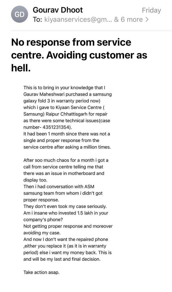 Gaurav Maheshwari (@gaurav__5) on Twitter photo Sorry to say this but <a href="/SamsungIndia/">Samsung India</a>
<a href="/SamsungMobile/">Samsung Mobile</a> is soo unprofessional and irresponsible! Its been days i have sent conatct details of which revert is not received till date.I spent 1.5 lakh on a phone and <a href="/SamsungIndia/">Samsung India</a> is behaving like hell
<a href="/jagograhakjago/">Consumer Affairs</a> Help me out Sorry to say this but <a href="/SamsungIndia/">Samsung India</a>
<a href="/SamsungMobile/">Samsung Mobile</a> is soo unprofessional and irresponsible! Its been days i have sent conatct details of which revert is not received till date.I spent 1.5 lakh on a phone and <a href="/SamsungIndia/">Samsung India</a> is behaving like hell
<a href="/jagograhakjago/">Consumer Affairs</a> Help me out