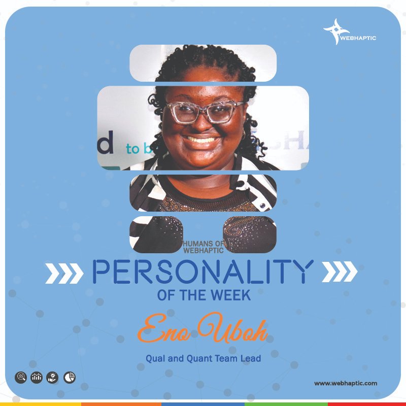 webhaptic's tweet photo. This week’s personality of the week is Eno Uboh, our Qual-Quant team lead. We celebrate you Eno @upeno. Thank you for all you do.
#researcher #webhaptic https://t.co/kcjOUsPsw1