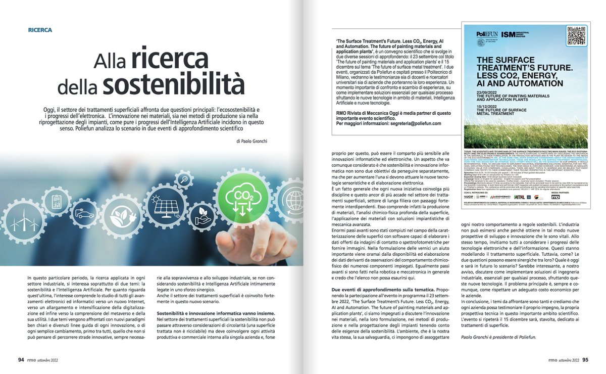 meccanica_plus's tweet photo. #Innovazione nei #trattamenti superficiali con @poliefun, al crescere della domanda di #sostenibilità e dei progressi in #elettronica e #AI, focus dei due eventi del 23 settembre e 15 dicembre presso @polimi. L’articolo su #RMO di settembre.
@ucif_anima 
https://t.co/36rDWlZaq1 https://t.co/rbO0DmtZqm