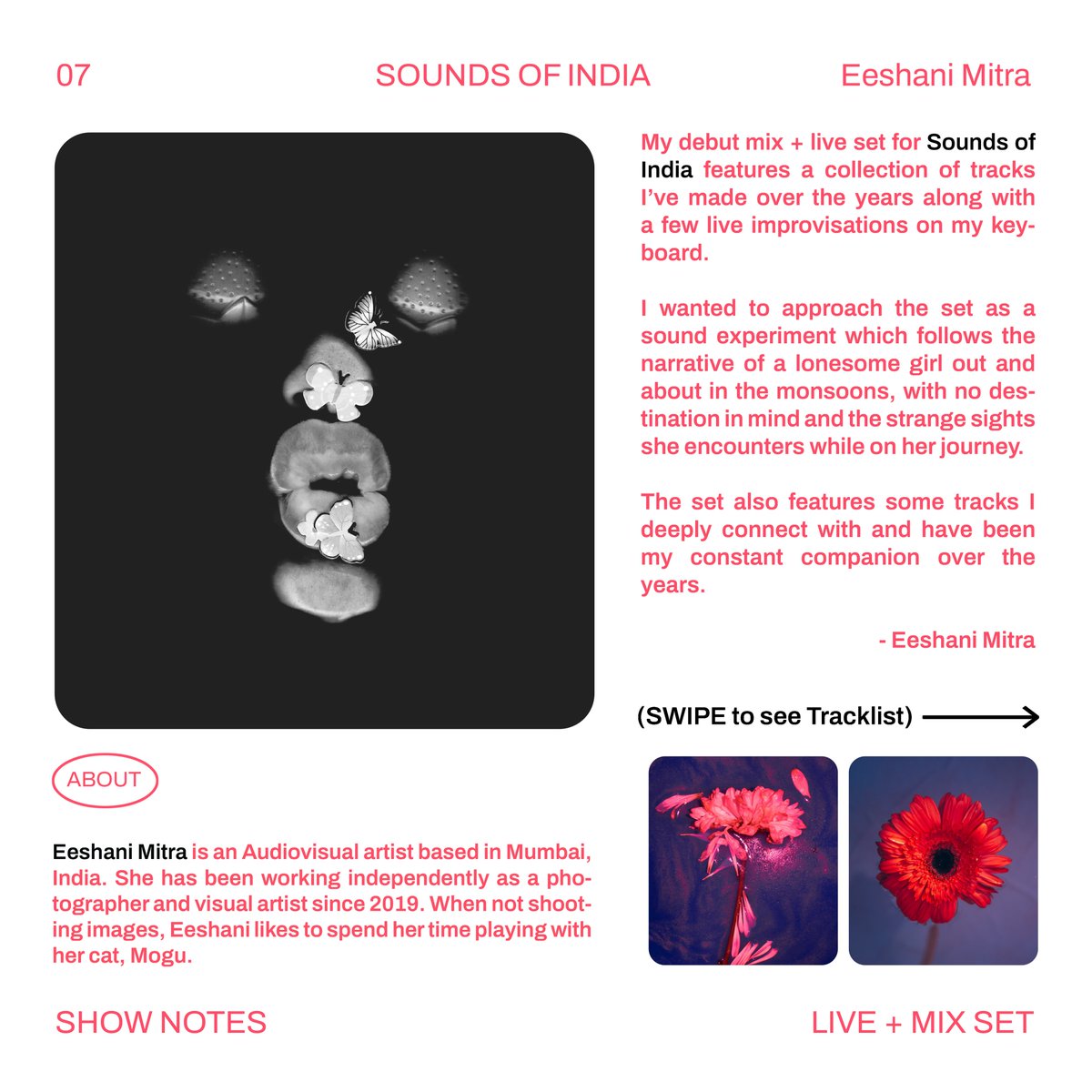 onnocollective's tweet image. ✶ TODAY ✶ Sounds of India with ONNO 06 - Eeshani Mitra on @listen_camp ✶ 

Timings: 13.09.2022 (Tue) // 12-1pm (CEST) × 3:30-4:30pm (IST)

Tune to - listen.camp/#shows today to listen to an amazing mix + live set by India-based Audiovisual artist, @acidicobject  (1/3)