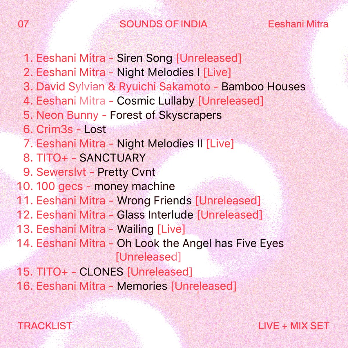 onnocollective's tweet image. ✶ TODAY ✶ Sounds of India with ONNO 06 - Eeshani Mitra on @listen_camp ✶ 

Timings: 13.09.2022 (Tue) // 12-1pm (CEST) × 3:30-4:30pm (IST)

Tune to - listen.camp/#shows today to listen to an amazing mix + live set by India-based Audiovisual artist, @acidicobject  (1/3)