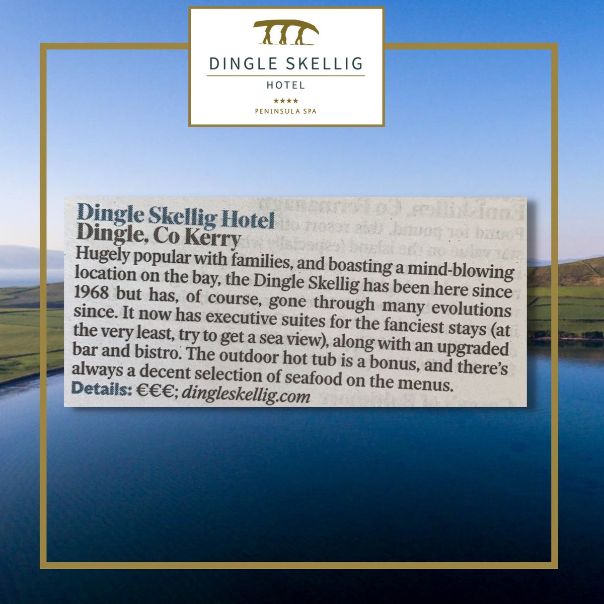 DingleSkellig's tweet photo. The Dingle Skellig Hotel is delighted to get a mention in @poloconghaile's 100 Best Hotels in. Thank you @Indo_Travel_ ❤️ 

#indotravel #poloconghaile #dingleskellig #dingle #irishhotels #selecthotels @SelectIreland https://t.co/mjQXvZUdTG
