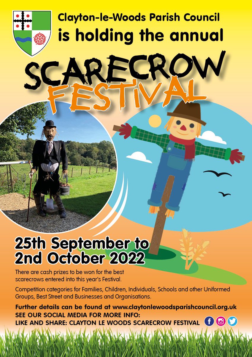 CLWParish's tweet photo. 4 days left to enter the Clayton le Woods Scarecrow Festival!!

Closing date is Friday 16th September.

Simply go to our website and complete the short entry form.

There are amazing CASH prizes up for grabs!  

#clwscarecrowfest2022
#artsandcrafts
#getinvolved
#scarecrow
#fun https://t.co/94FXRQsZjk