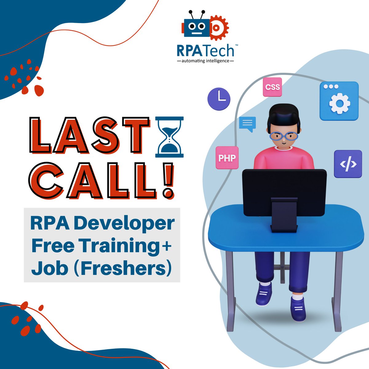 RPATech_AI's tweet photo. Freshers! One last call for you to step into the world of work.
We are closing the registrations for Freshers Hiring for RPA Developers today.
Register NOW to book your spot!
#hiring #careers #developers #uipathdeveloper #technology #jobopening #rpa #rpatech #digitaltransformatio https://t.co/pqx0KHNI8e