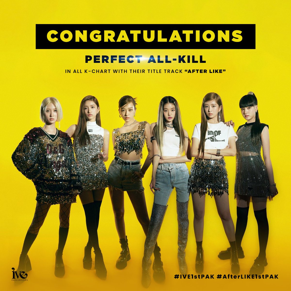 IVEPH_'s tweet photo. IVE's new unlocked accomplishment reaching a Perfect All Kill (PAK) in all local music sites, with their latest song 'After Like' solidifying its place at number one. 🎉🎆
Let us continue to show more support for their upcoming projects, CONGRATULATIONS IVE 🎊🥳
#IVE1stPAK https://t.co/E8ZtIS1aaF