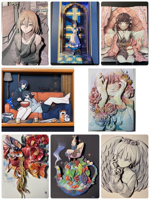 今手元にあって(戻ってくる)展示出来そうな作品はこれくらい。

あと過去に一次創作絵で製作させていただいた作品で展示許可いただけたとしてこの倍くらいの数は準備出来そうですが、作品サイズがそんなに大きくないので、ギャラリーさんを一人で埋めるには足りない感じ。 