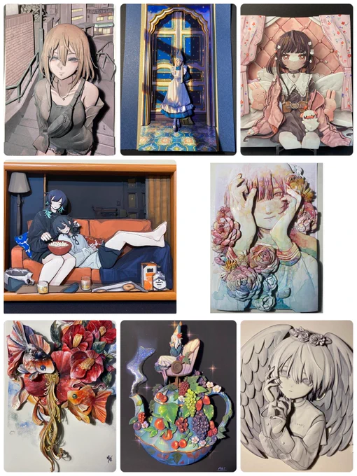 今手元にあって(戻ってくる)展示出来そうな作品はこれくらい。

あと過去に一次創作絵で製作させていただいた作品で展示許可いただけたとしてこの倍くらいの数は準備出来そうですが、作品サイズがそんなに大きくないので、ギャラリーさんを一人で埋めるには足りない感じ。 