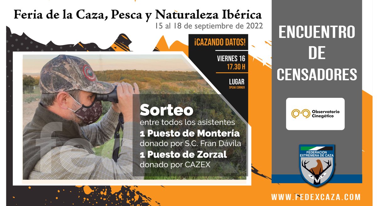 ❌En <a href="/feciex/">FECIEX</a> tenemos un Encuentro de Censadores de #Extremadura el viernes 16, a las 17.30h. Habrá un Sorteo de un Puesto de Montería y un Puesto de Zorzal 
💪Además os vais a poder inscribir para colaborar  con los diferentes proyectos del Observatorio Cinegético 
😉OS ESPERAMOS