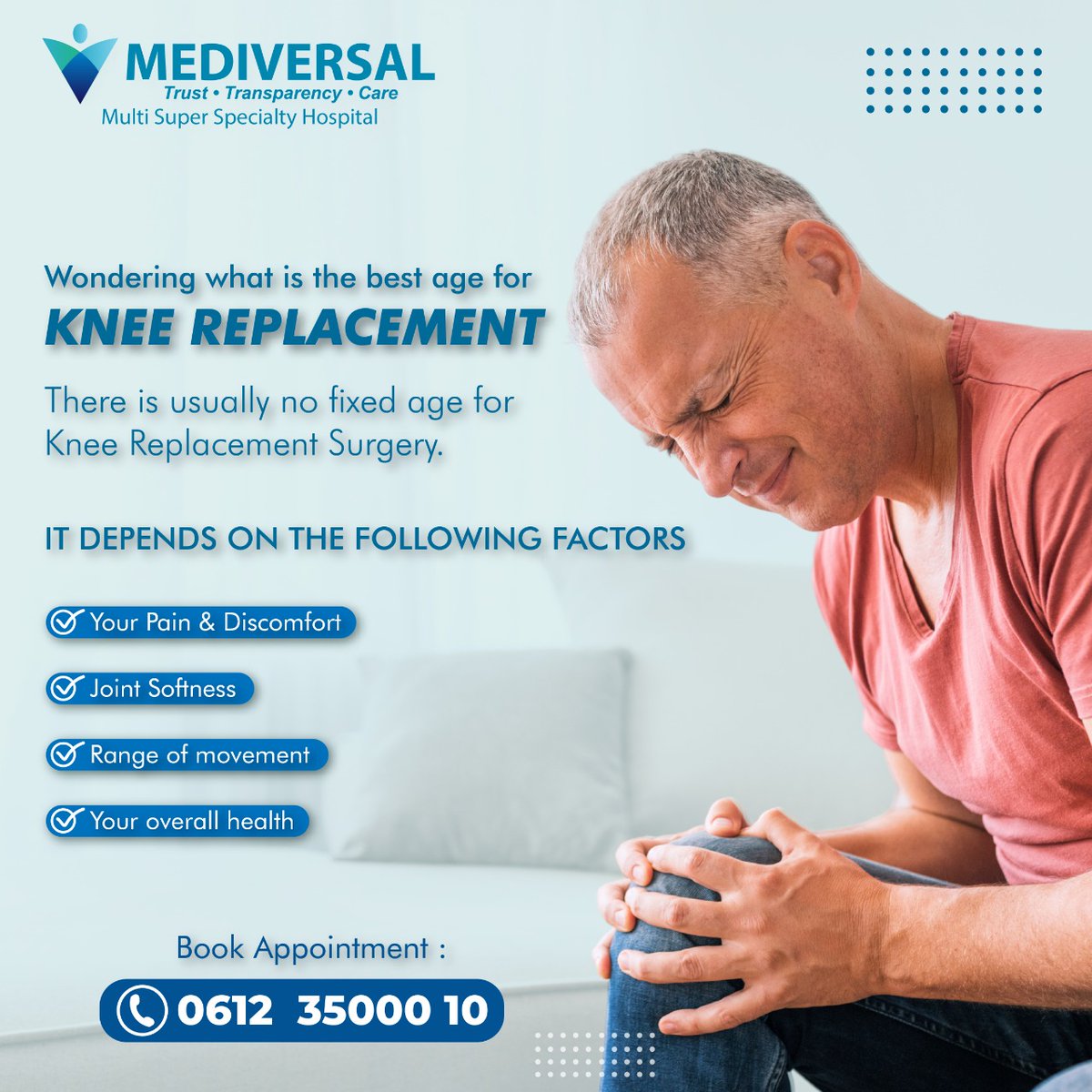 A knee joint replacement is the focal point of an active, second-innings in any patient’s life. These surgeries instil the freedom of physical movement, allowing a pain free lifestyle. 
#KneeReplacement #Orthopedics #knee #joint #replacementsurgery #BestHospitalinIndia #Patna
