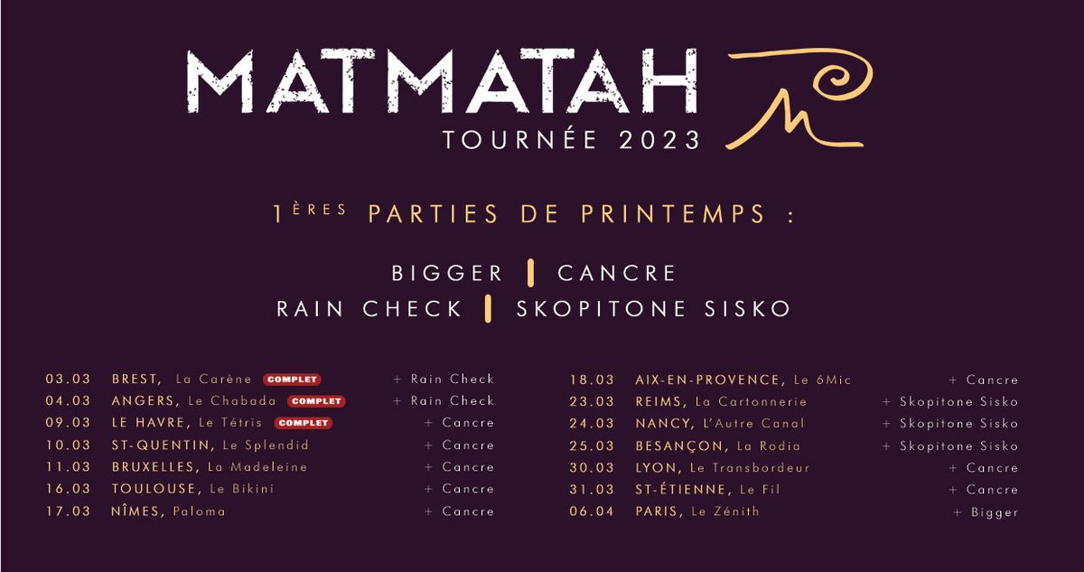 Bonjour à tous ! 
Aujourd’hui, on s’est dit qu’il était temps de vous annoncer les groupes qui joueront en premières parties de notre tournée de printemps 2023.
Pour nous accompagner, voici Rain Check ,<a href="/cancre_officiel/">Cancre</a>, <a href="/Skopitone_Sisko/">Skopitone Sisko</a>  et <a href="/Bigger_music/">BIGGER</a> 

<a href="/UptonPark/">UPTON PARK</a> <a href="/ArsenalProd/">Marc Ribette</a>