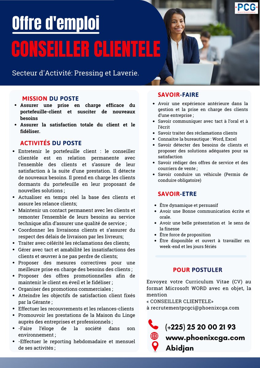 ci_phoenix's tweet photo. PCG AFRICA CI recrute un Conseiller Clientèle pour l'un de ses partenaires basé à Abidjan.

Envoyez votre Curriculum Vitae (CV) au format Microsoft WORD avec en objet, la mention «CONSEILLER CLIENTELE» à recrutementpcgci@gmail.com

#conseillerclientele #emploi #pcgafrica https://t.co/84wmJy77ut