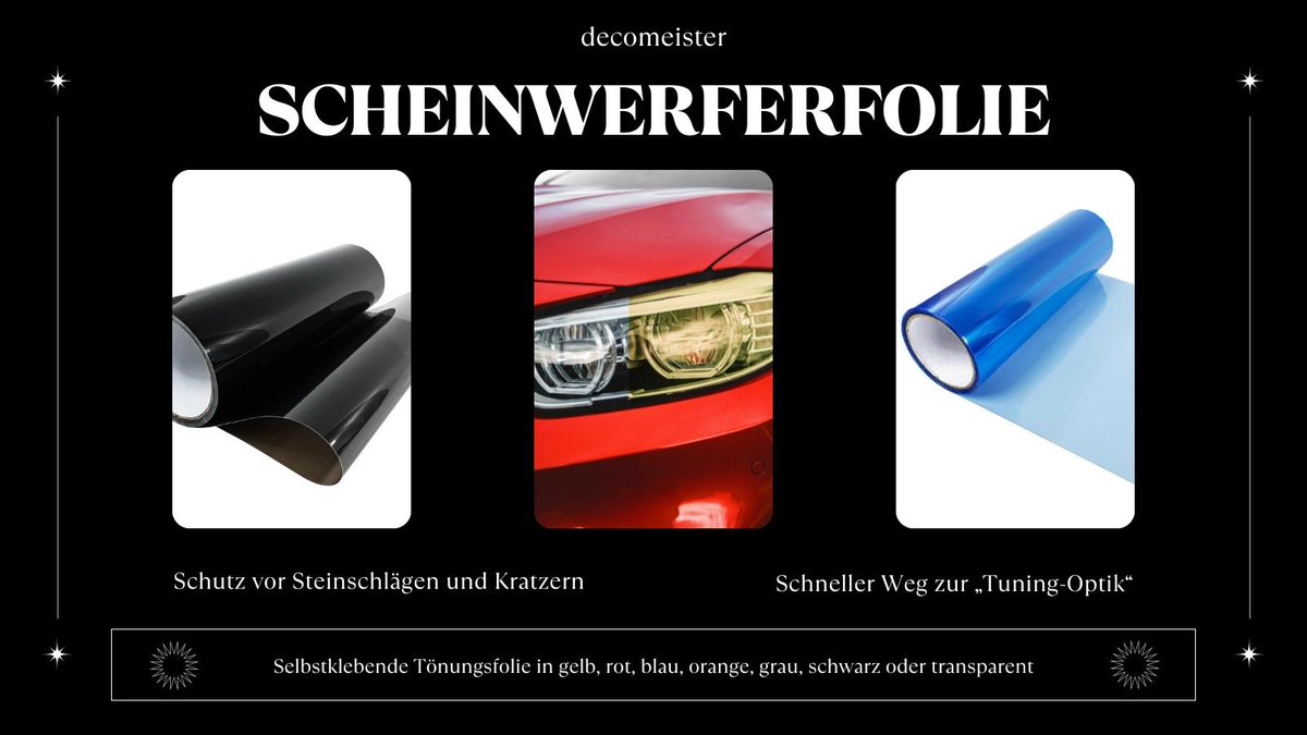 Die Scheinwerferfolie bietet kostengünstige und schnelle Verwandlung des Autos, ist dabei rückstandsfrei entfernbar, witterungsbeständig, gut formbar und vor allem kratz- und steinschlagfest.

Eine bunte Auswahl samt Beratung erhalten Sie bei uns online🗨️ ebay.de/itm/2846240409…