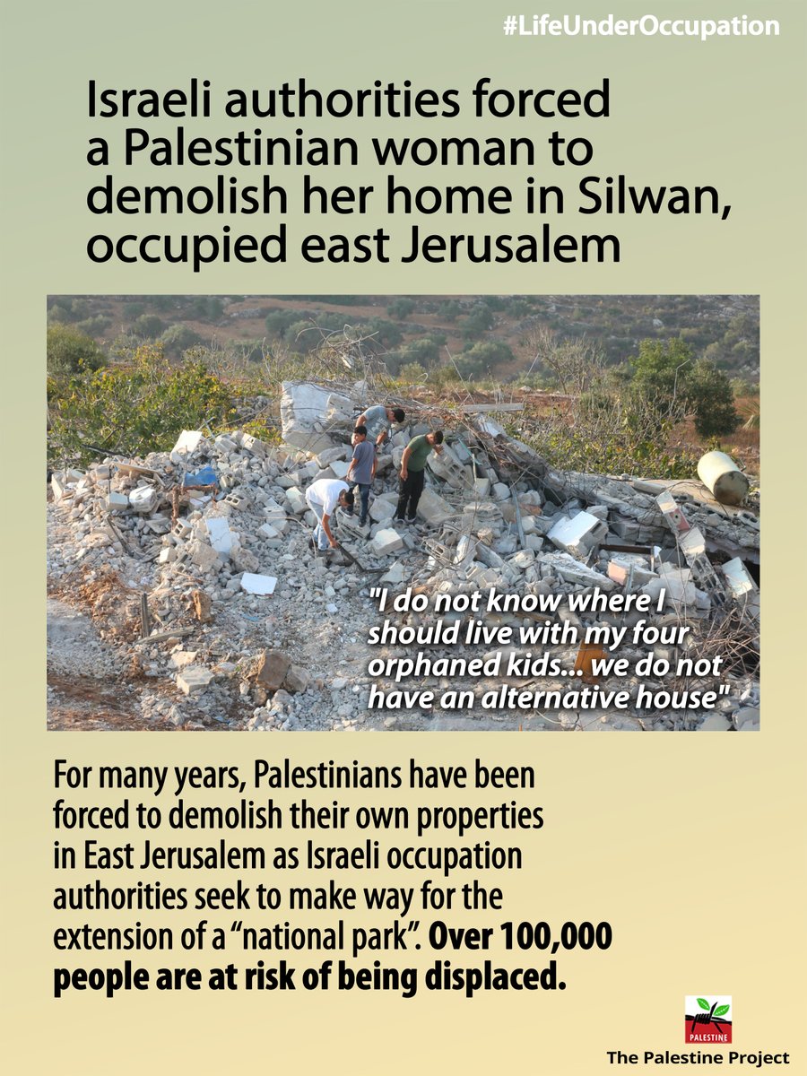 PalestineProjct's tweet photo. #PALESTINE #LifeUnderOccupation

Speaking to @The_NewArab, Nisreen Tayeh, a single mother of four, said that the Israeli municipality in Jerusalem forced her to demolish her house "under the pretext that it was built without a permit."

 #OccupiedPalestine https://t.co/LQSHkAJDQy