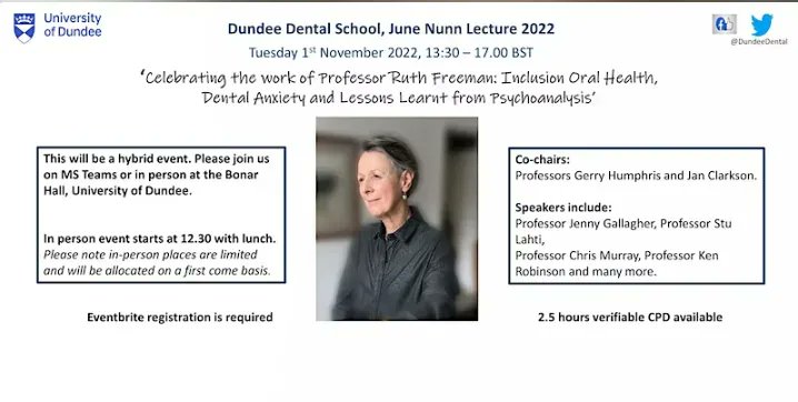 We're delighted to invite you to the Dundee Dental School June Nunn Lecture 2022 - Celebrating the work of Professor Ruth Freeman, on Tuesday 1 November 2022, from 13:30 - 17:00, online or in person at the Bonar Hall, Dundee.
Sign up here 👉 buff.ly/3TQx91k