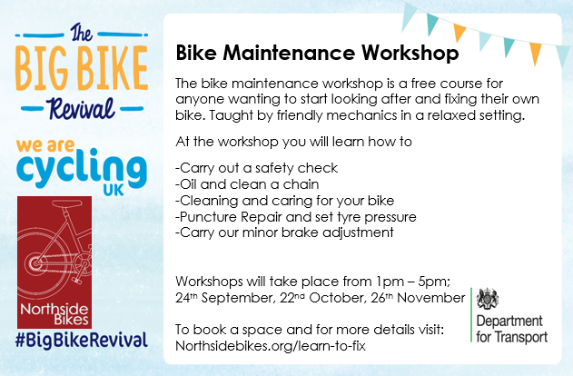 NorthsideBikes_'s tweet photo. Our next series of free bike maintenance workshops are now open for bookings! Come and learn with our friendly mechanics how to look after and fix your bike, all part of @WeAreCyclingUK #BigBikeRevival!

#LearnToFix #Workshop #Leicester
@CyclingUK_EMids @RideLeicester @CHYMLeics https://t.co/RVjGrr7r0r