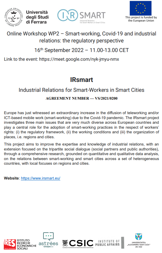 IRsmart_EU's tweet photo. Sept 16 11.00-13.00 CET #IRSMART #online Workshop WP2 "Smart Working, Covid-19 and indutrial relations: the regulatory perspective"
more info at https://t.co/riUaNvl9Pc
#smartworking #workingconditions #industrialrelations https://t.co/iHEGmdclau