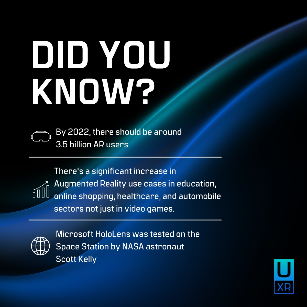 Did you know that Augmented Reality has been around since 1968?.. 🤔

Well, that's not the only interesting fact about it!

Check out the graphic below to find out 👇

#AugmentedReality #funfacts #hololens