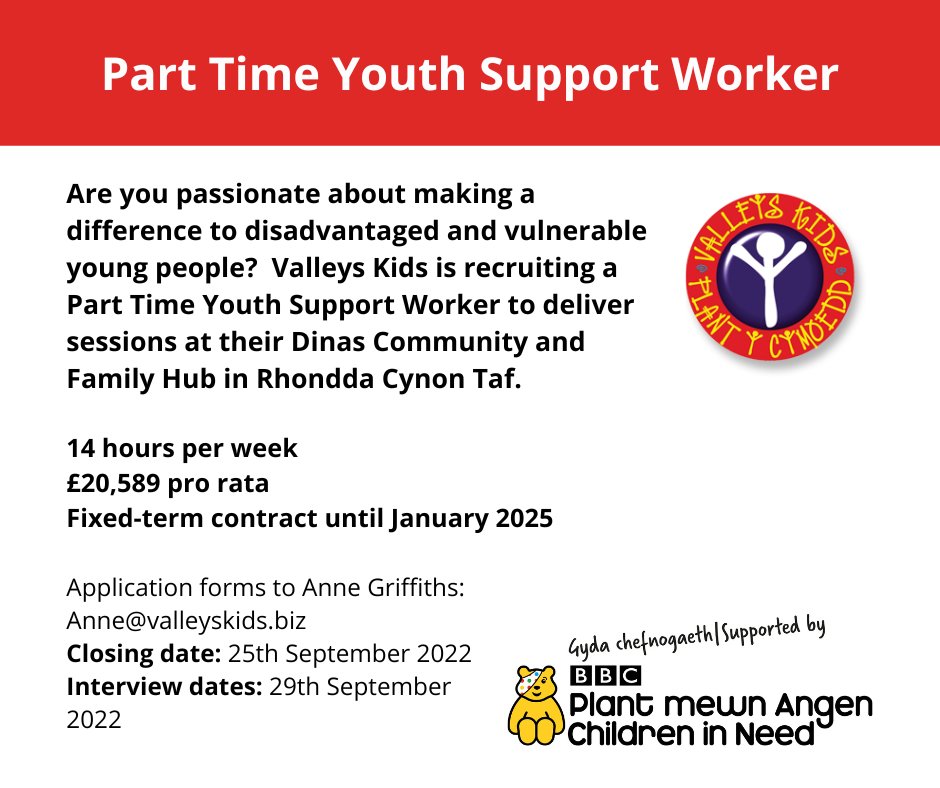 Job Opportunity! We are recruiting a youth support worker to join our team in Dinas! Do you know someone who might be interested? Please share this info! Interested in applying yourself? More info here valleyskids.org/news-2/jobs/