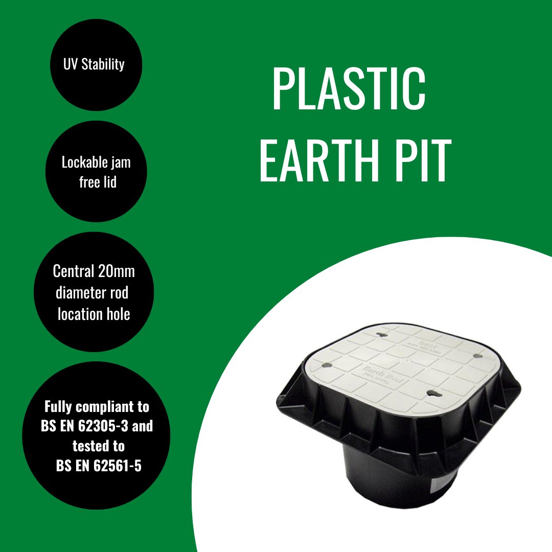 Plastic Earth Pit
Lockable jam free lid
Screw retention facility
Shatterproof material
Chemical resistance
UV Stability
Wide temperature applications
Central 20mm diameter rod location hole
Fully compliant to BS EN 62305-3 and tested to BS EN 62561-5

Max Load: 5000kg