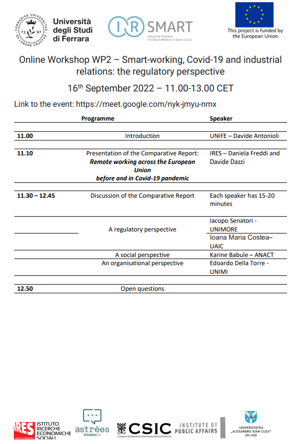 IRsmart_EU's tweet photo. Sept 16 11.00-13.00 CET #IRSMART #online Workshop WP2 "Smart Working, Covid-19 and indutrial relations: the regulatory perspective"
more info at https://t.co/riUaNvl9Pc
#smartworking #workingconditions #industrialrelations https://t.co/iHEGmdclau