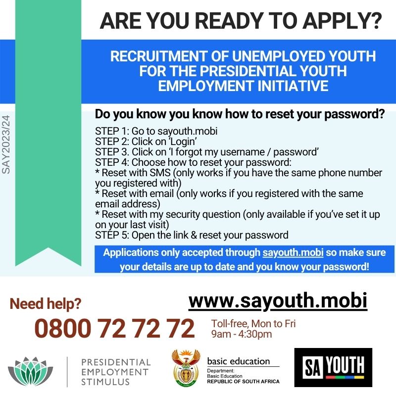RECRUITMENT OF UNEMPLOYED YOUTH FOR PYEI
Applications only accepted through sayouth.mobi make sure your details are up to date & know your password! Call 0800727272, Mon- Fri, 9-16:30. Register: sayouth.mobi/Home/Index/EN  #SAYouth #PresidentialYouthEmploymentIntervention