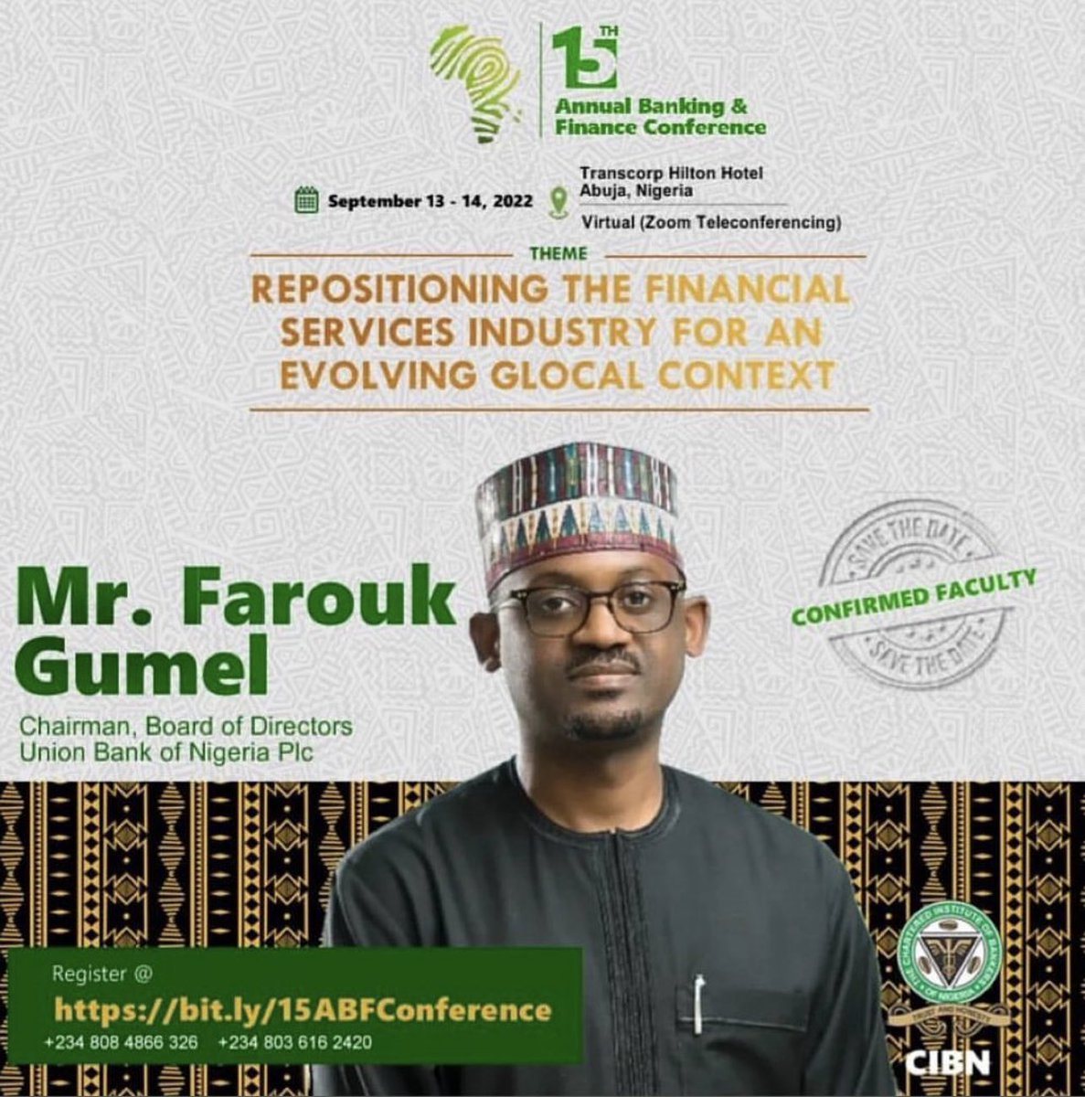 Today, ‘FG’ - our ED at <a href="/TheTGIGroup/">TGI Group</a>, Chairman of <a href="/nsia_nigeria/">NSIA</a>, <a href="/wacotriceltd/">wacotriceltd</a> and <a href="/UNIONBANK_NG/">Union Bank of Nigeria</a> is delivering the keynote address at this year’s <a href="/cibnigeria/">CIBN, Nigeria</a> conference. 

He’s starting soon. Register on bit.ly/15ABFConference 

#ABFC15 #CIBNConference
